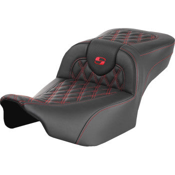 Bill's Exhausts SADDLEMEN Roadsofa™ extended reach motorcycle seat with lattice stitch, red stitching, designed for FLTR/FLHX 2023-2024