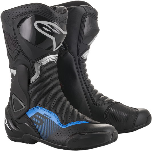 Alpinestars SMX-6 v2 vented motorcycle racing boots in black, gray, and blue, showing the design and ventilation features.