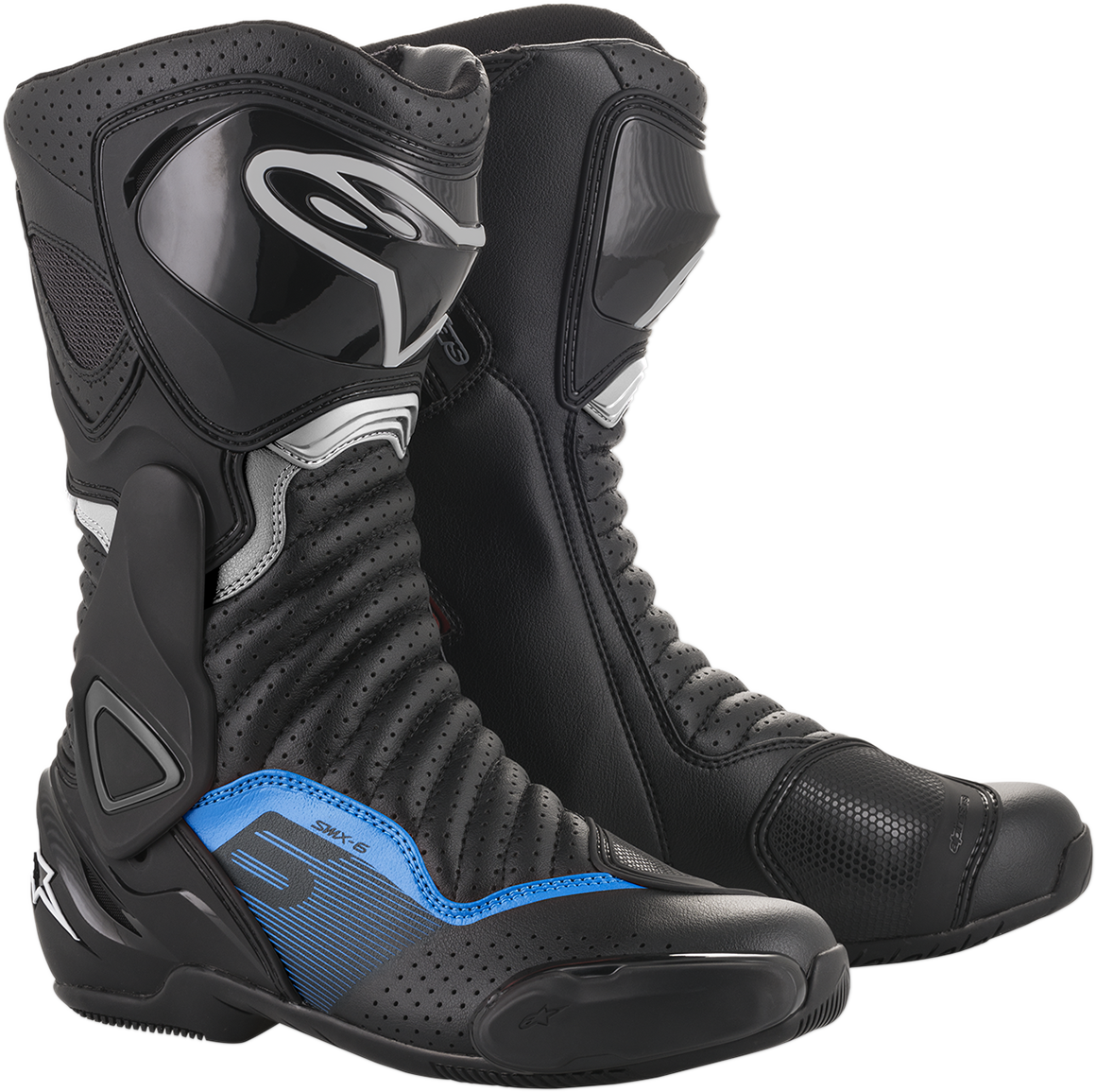 Alpinestars SMX-6 v2 vented motorcycle boots in black, gray, and blue with US size 9, showcasing side view and ventilation features.