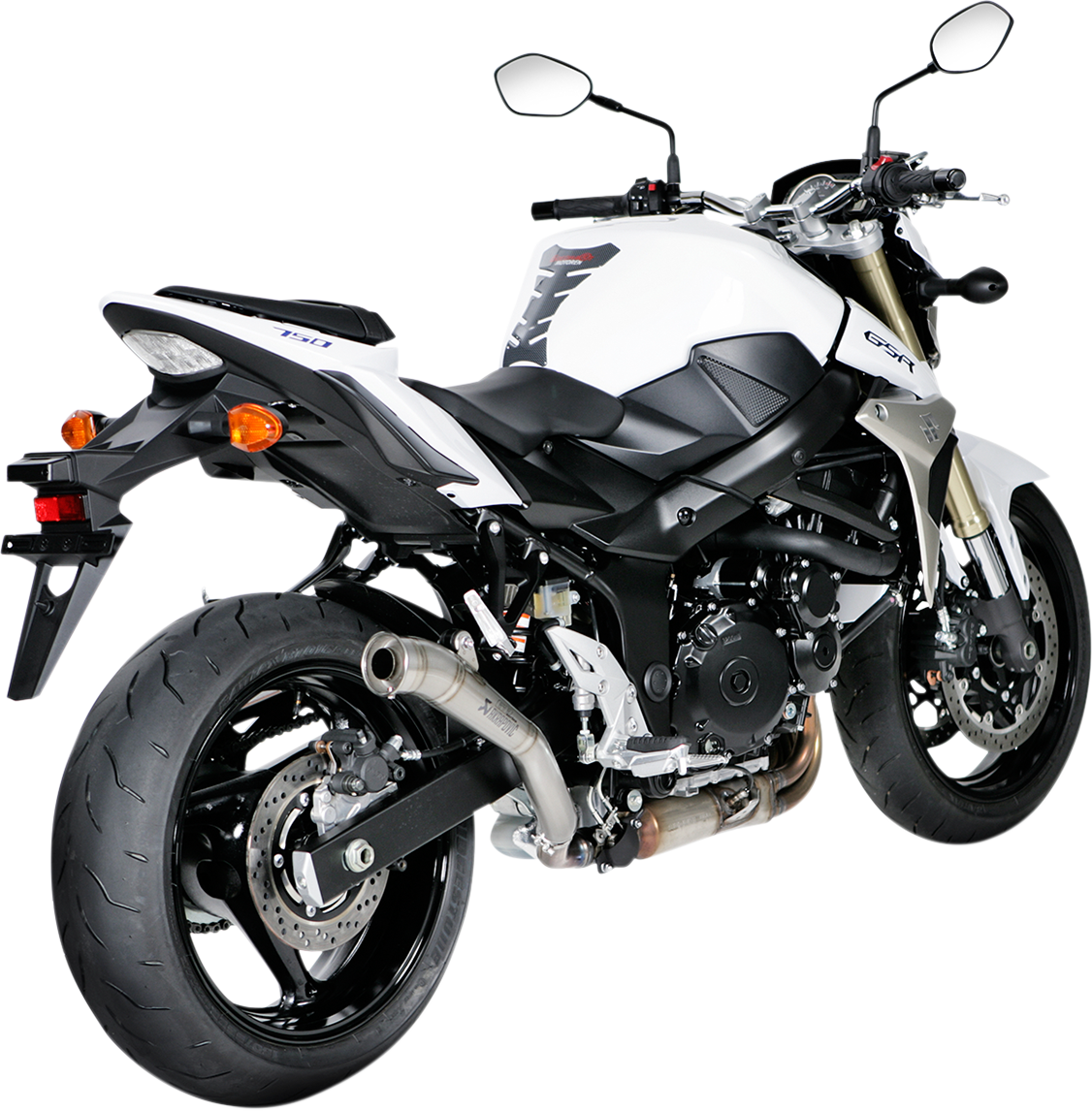 Akrpovic Megaphone Titanium exhaust for GSR 750 and GSX-S 750 motorcycles, featuring sleek titanium finish and exhaust pipe design.