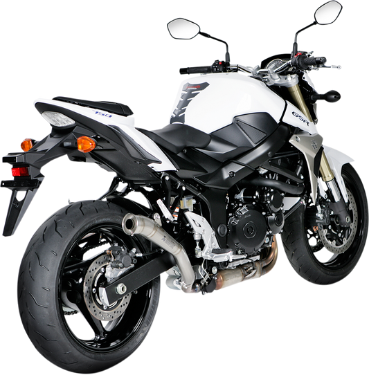 Akrpovic Megaphone Titanium exhaust for GSR 750 and GSX-S 750 motorcycles, featuring sleek titanium finish and exhaust pipe design.
