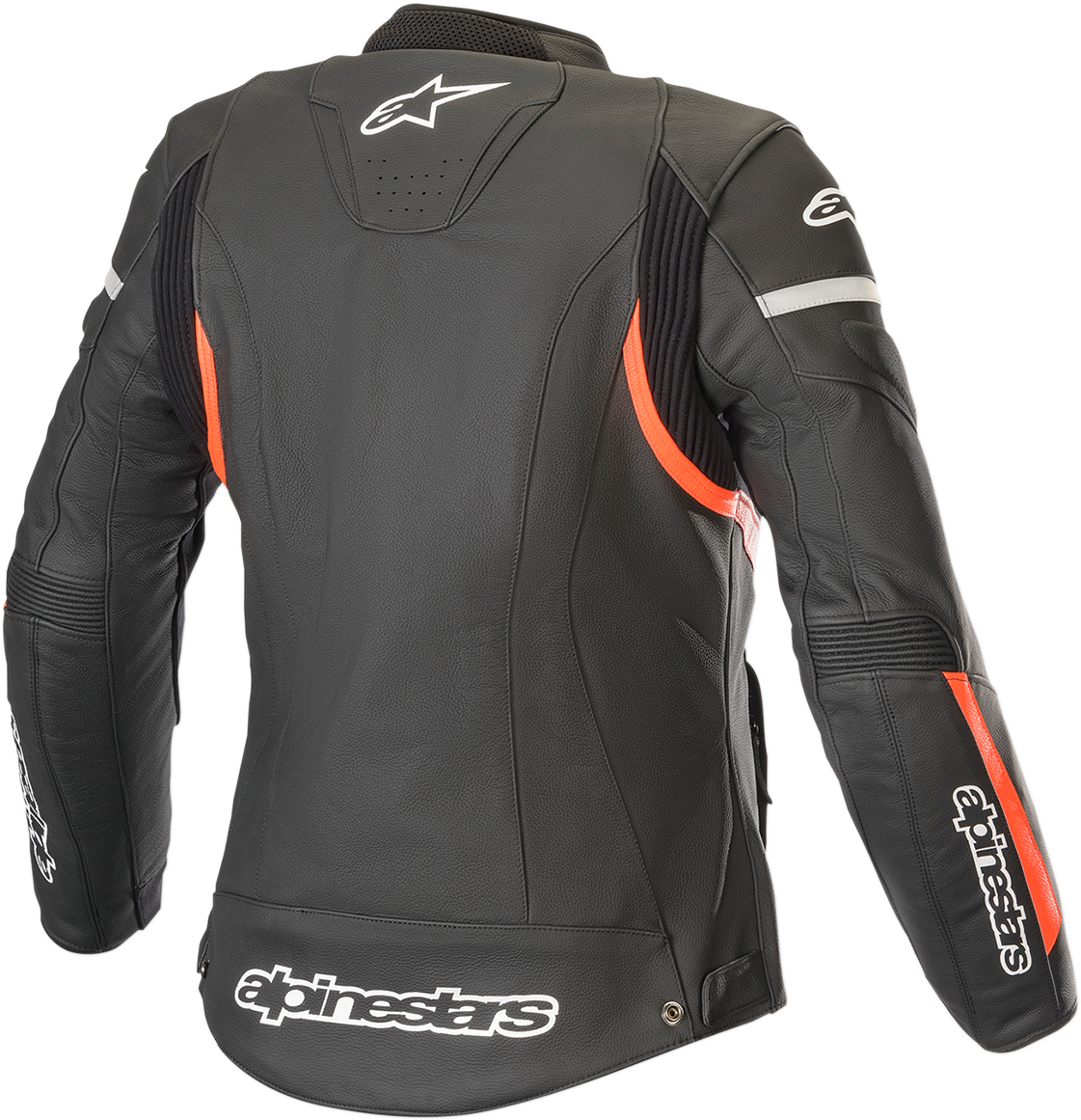 Black and red Alpinstars Stella Kira women's leather jacket, US size 10, EU 46, displayed on a hanger.