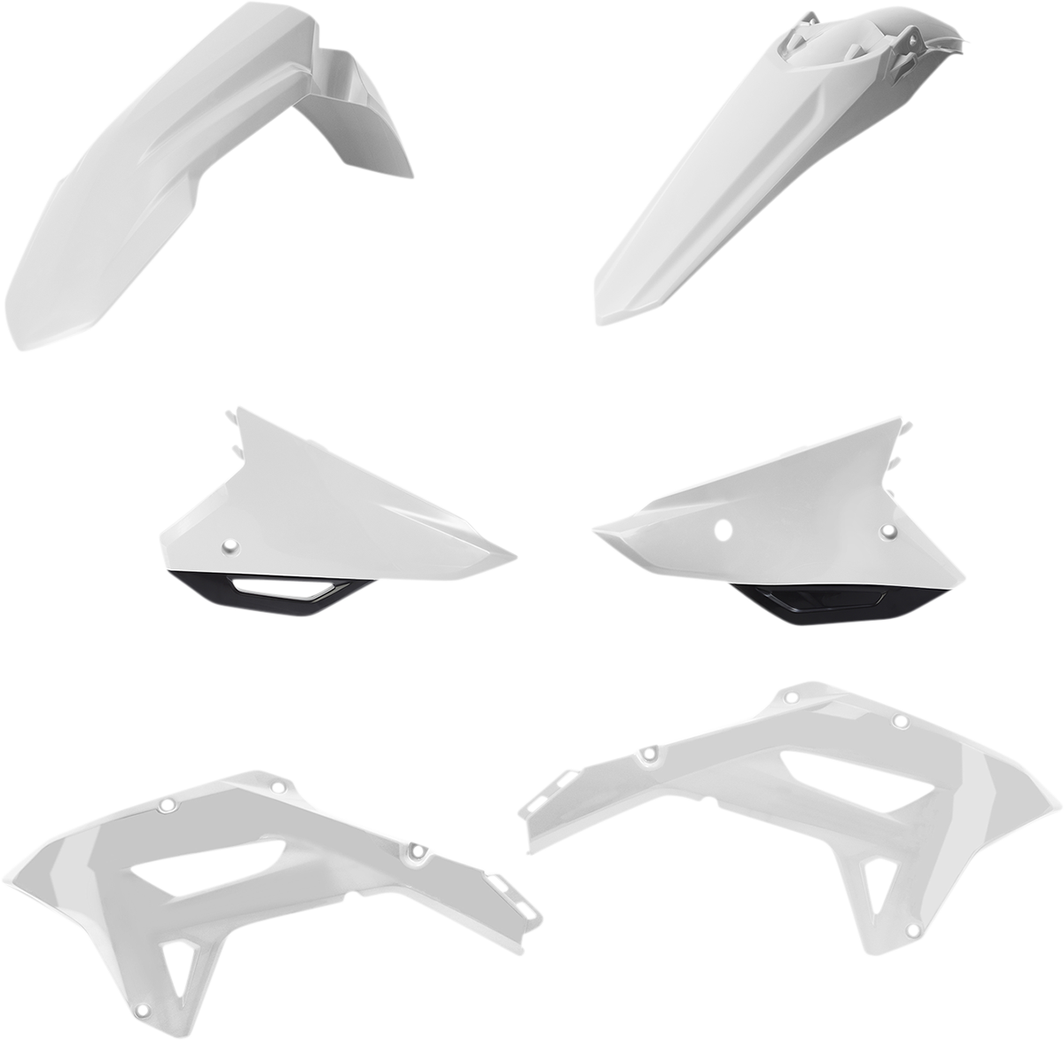 A white and black Acerbis standard replacement body kit for motorcycles, displayed with visible panels and sleek design.