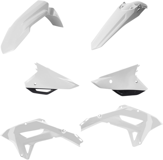 A white and black Acerbis standard replacement body kit for motorcycles, displayed with visible panels and sleek design.