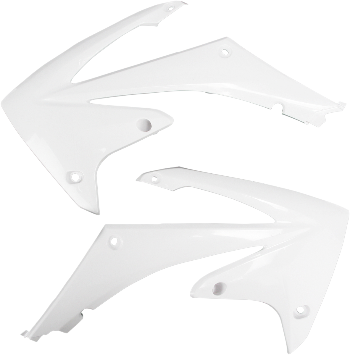 White ACERBIS radiator shrouds for motorcycle body, designed for durability and style, with Bill's Exhausts branding.