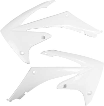 White ACERBIS radiator shrouds for motorcycle body, designed for durability and style, with Bill's Exhausts branding.