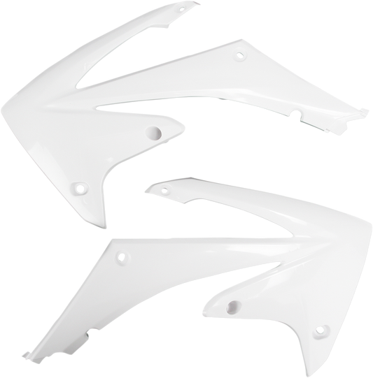White ACERBIS radiator shrouds for motorcycle body, designed for durability and style, with Bill's Exhausts branding.