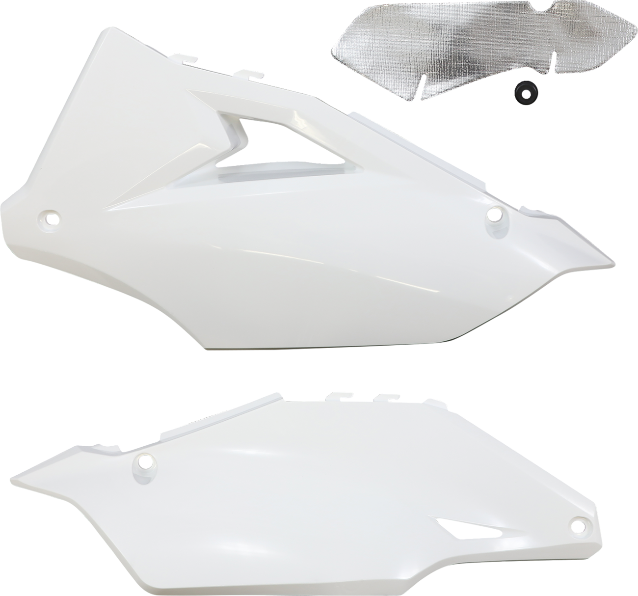 White Acerbis side panels for motorcycle body, featuring sleek design and brand logo, compatible with specific models.