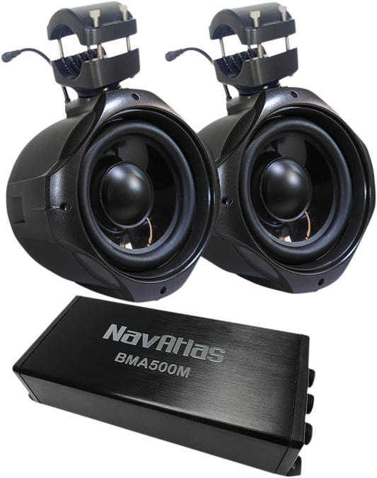 Bill's Exhausts NAVATLAS 8-inch subwoofer and amplifier NT308BPK engine component, showing the compact black unit with control features.