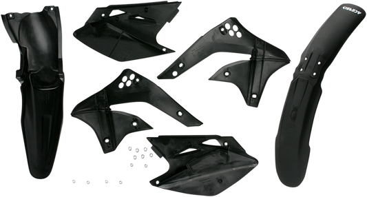 A black Acerbis standard replacement body kit for motorcycles, displayed on a plain background.