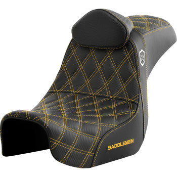 SADDLEMEN Pro Series SDC performance motorcycle seat with backrest, gold stitching, designed for Dyna models 2006-2017.