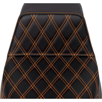 SADDLEMEN front seat with lattice stitch and orange stitching for Harley FLH/FLT models 2008-2023, by Bill's Exhausts.