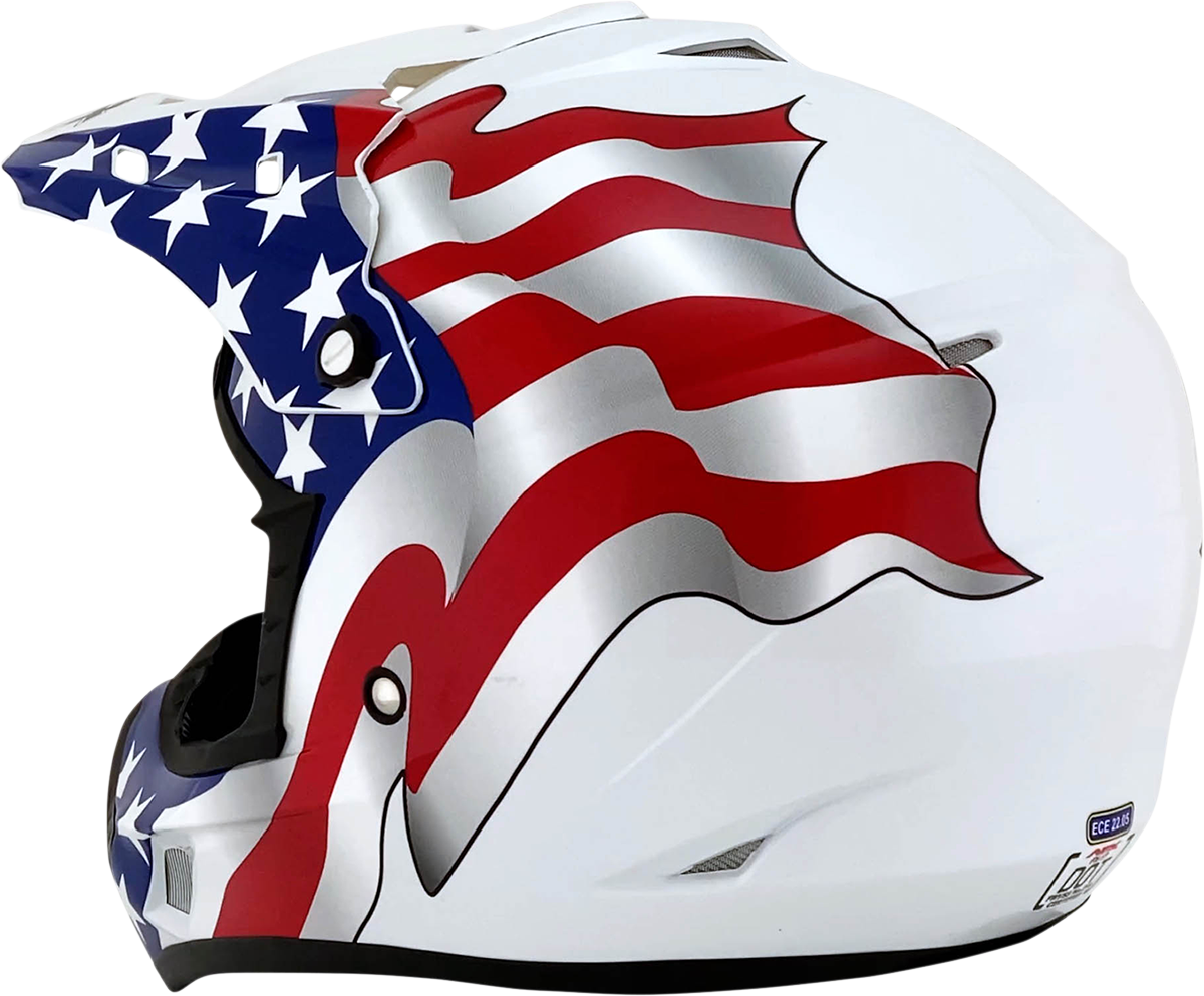 White AFX FX-17 helmet with flag design, XS size, featuring a sleek helmet shape and detailed graphics.