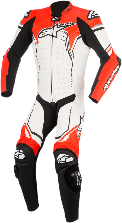 Alpinestars GP Plus v2 1-piece leather motorcycle suit in white, black, and red fluorescent on a mannequin.