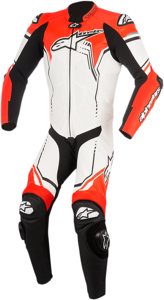 Alpinestars GP Plus v2 1-piece leather motorcycle suit in white, black, and red fluorescent on a mannequin.