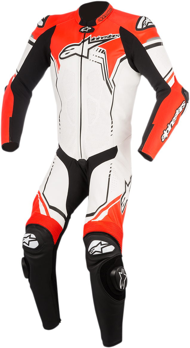 Alpinestars GP Plus v2 1-piece leather motorcycle suit in white, black, and red fluorescent, size US 46 / EU 56.