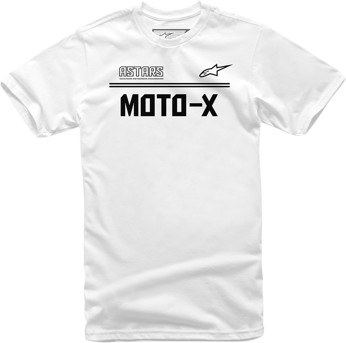 Alpinestars Moto X T-Shirt in white and black, 2XL size, featuring motorcycle-inspired graphic design on the front.