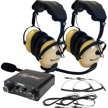 NAVATLAS 2-Seat beige intercom and headset kit by Bill's Exhausts, featuring microphone and earphone components for communication.
