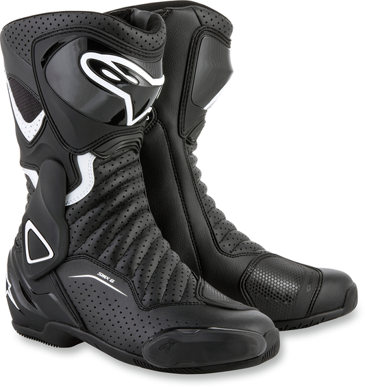 Alpinestars SMX-6 v2 vented motorcycle boots in black and white, US 7 / EU 38, with protective design and textured sole.