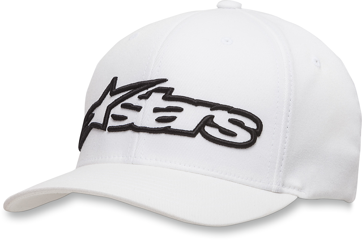 Alpinestars Blaze Flexfit hat in white and black, large/xl size, featuring the brand logo on the front.