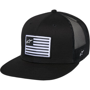 Black and black Alpinstars flag flat trucker hat with embroidered logo, stylish and comfortable for casual wear.