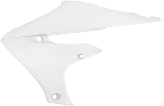White ACERBIS radiator shrouds for body, designed for motorcycle cooling system, with visible mounting points and aerodynamic shape.
