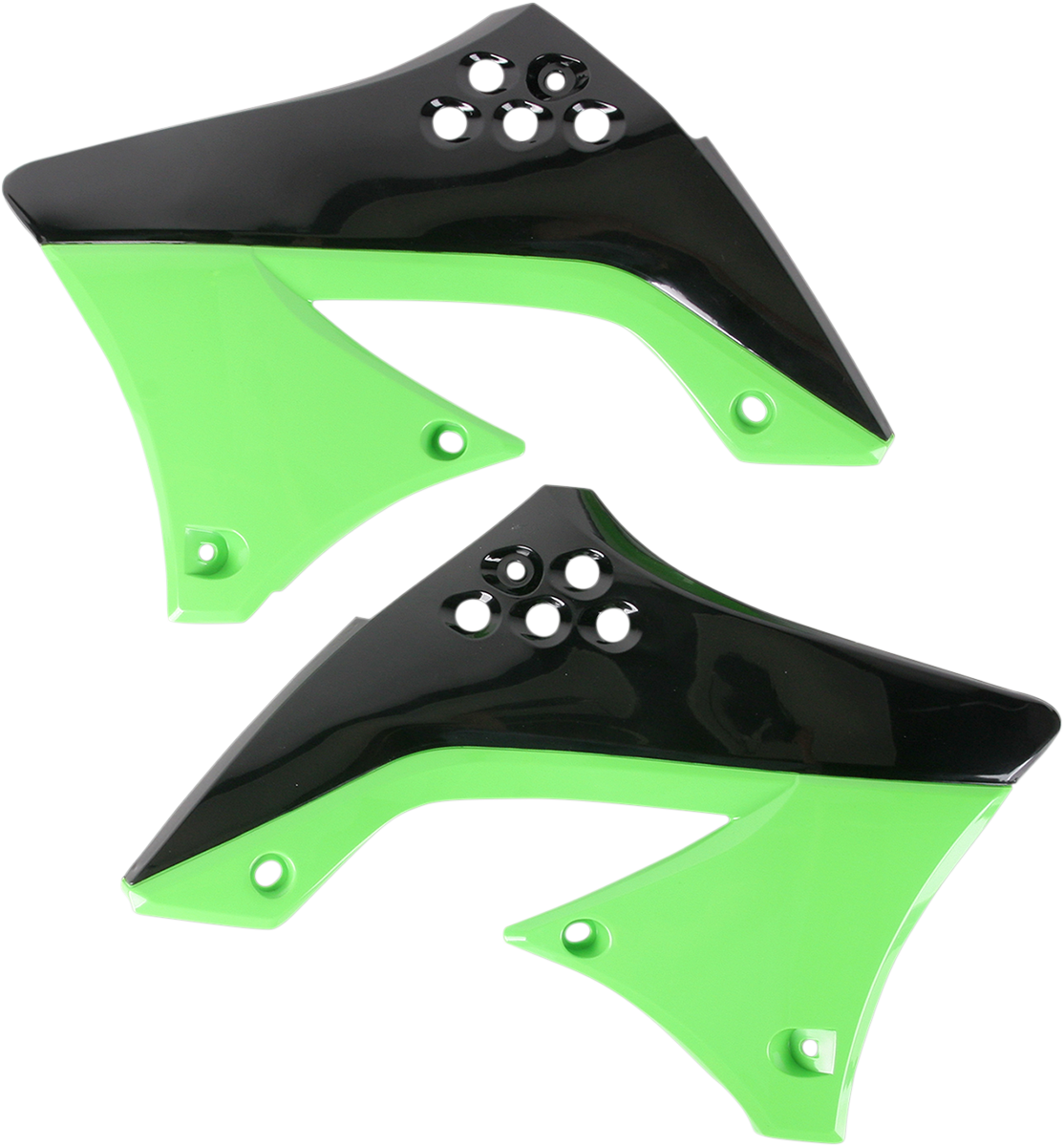 A black and green ACERBIS radiator shroud for motorcycle body protection, featuring bold color accents and sleek design.