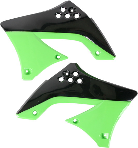 A set of black and green Acerbis radiator shrouds for motorcycle body protection, featuring sleek design and branding details.