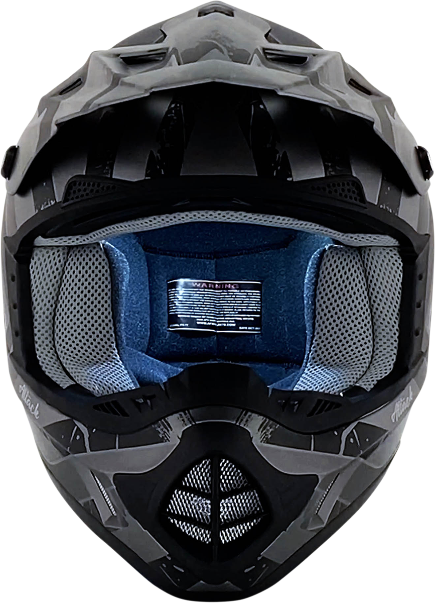 Frost gray and matte black AFX FX-17 motorcycle helmet in medium size with attack design, featuring aerodynamic shape and ventilation.
