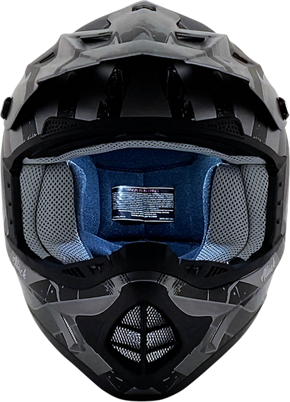 Frost gray and matte black AFX FX-17 motorcycle helmet in medium size with attack design, featuring aerodynamic shape and ventilation.