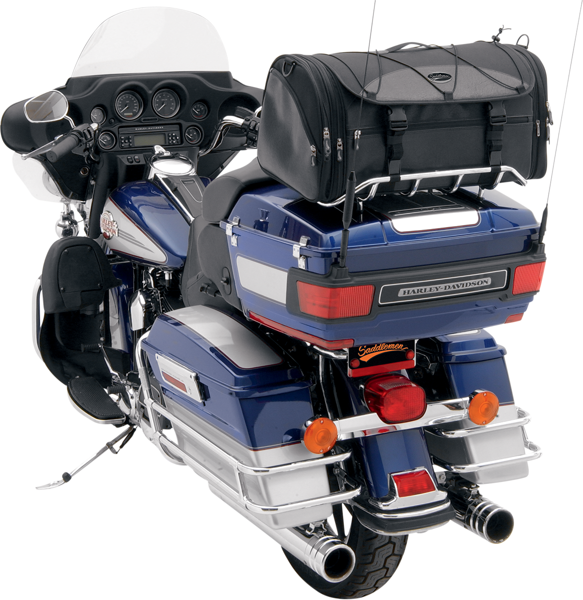 Bill's Exhausts SADDLEMEN TR3300DE Deluxe Rack Bag mounted on motorcycle seat, showing durable fabric and secure attachment straps.