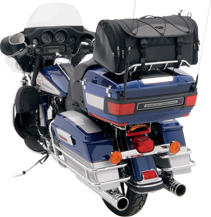 Bill's Exhausts SADDLEMEN TR3300DE Deluxe Rack Bag mounted on motorcycle seat, showing durable fabric and secure attachment straps.