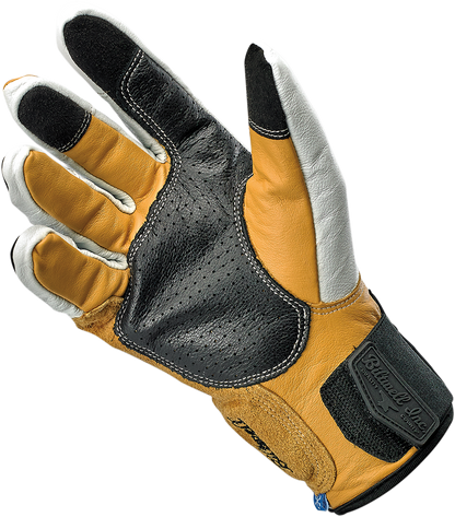 Bill's Exhausts BILTWELL Belden Gloves in Cement, XS, showing protective motorcycle gloves with reinforced palms and secure wrist closure.