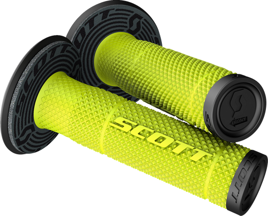 Scott SX II black and yellow motorcycle grips by Bill's Exhausts, shown on an engine with textured rubber surface and metal clamps.