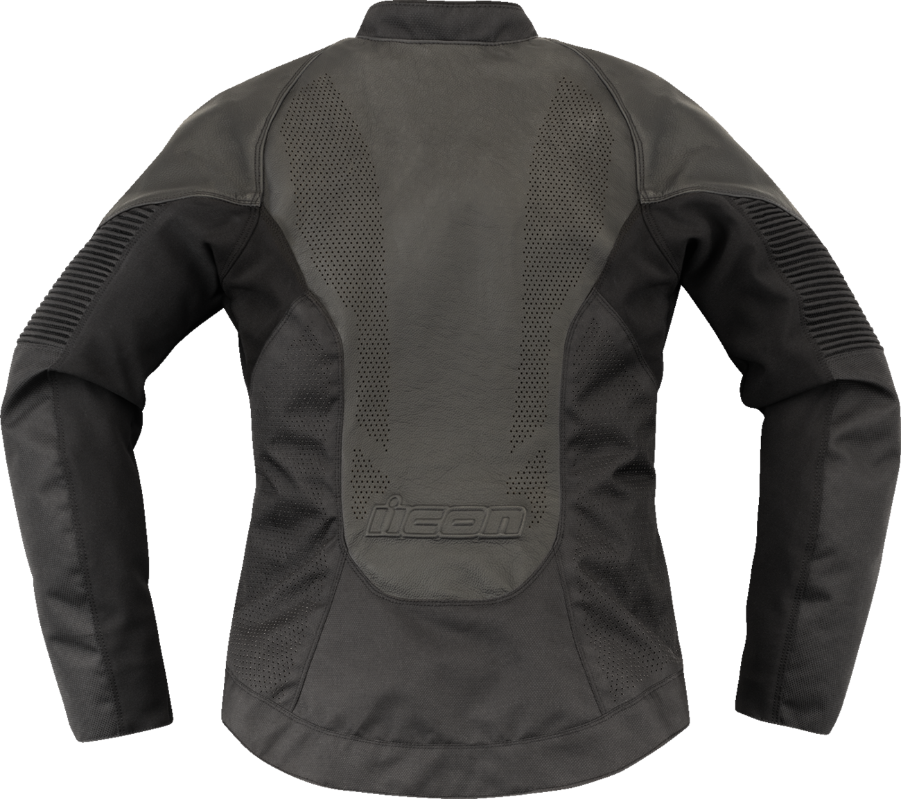 Black ICON Women's Overlord3™ leather jacket with front zipper and stylish collar, size small, from Bill's Exhausts.