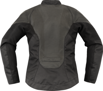 Black ICON Women's Overlord3™ leather jacket in medium size, featuring sleek design and detailed stitching.