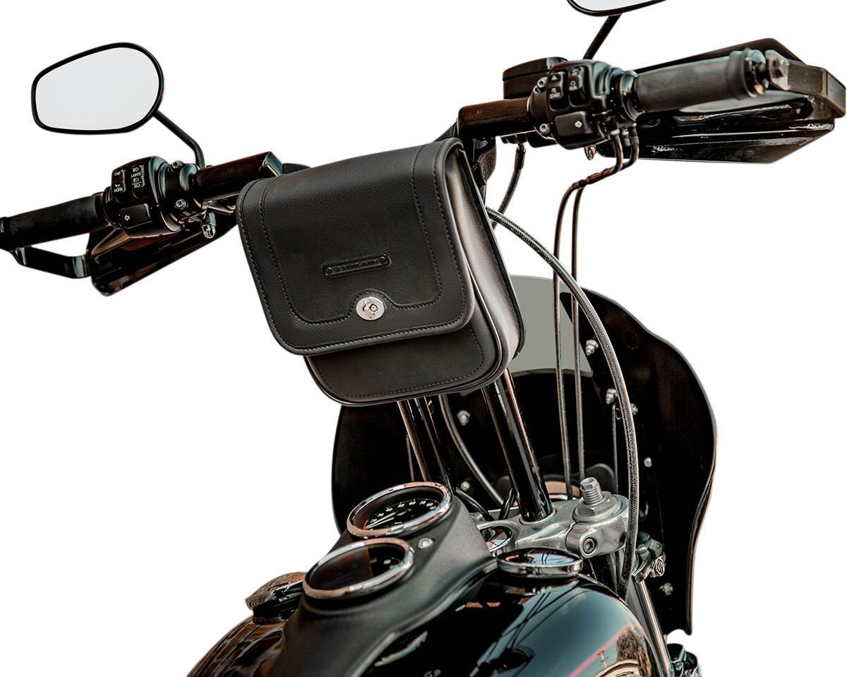 Bill's Exhausts SADDLEMEN Handlebar Bag D144 seat mounted on motorcycle handlebar, black storage bag with straps.