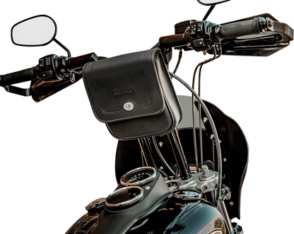 Bill's Exhausts SADDLEMEN Handlebar Bag D144 seat mounted on motorcycle handlebar, black storage bag with straps.