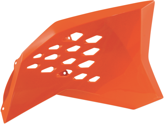 Orange ACERBIS radiator shrouds for motorcycle body protection, designed for durability and style by Bill's Exhausts.