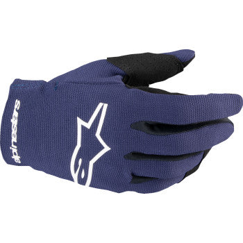 Alpinestars Youth Radar MX gloves in night navy and white, medium size, featuring durable motocross glove design.