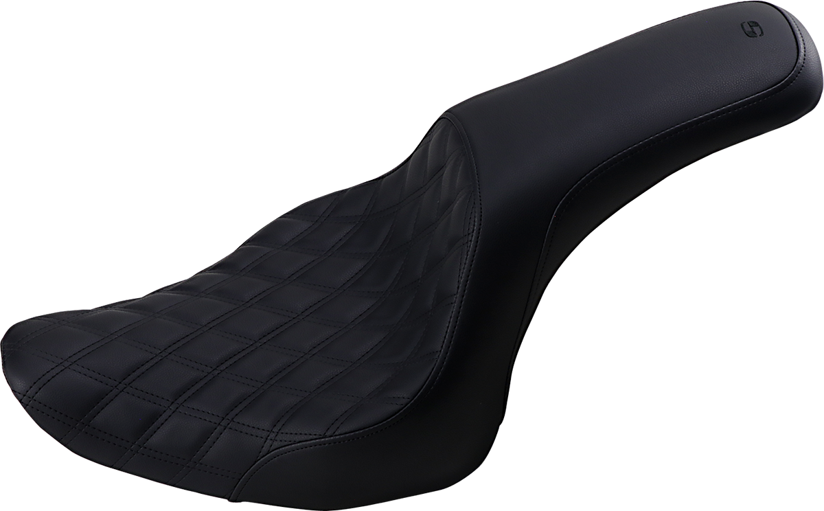 Black SADDLEMEN Profiler motorcycle seat with front lattice and rear smooth sections, designed for Bill's Exhausts bikes.