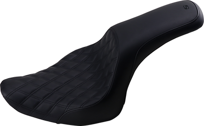 Black SADDLEMEN Profiler motorcycle seat with front lattice and rear smooth sections, designed for Bill's Exhausts bikes.