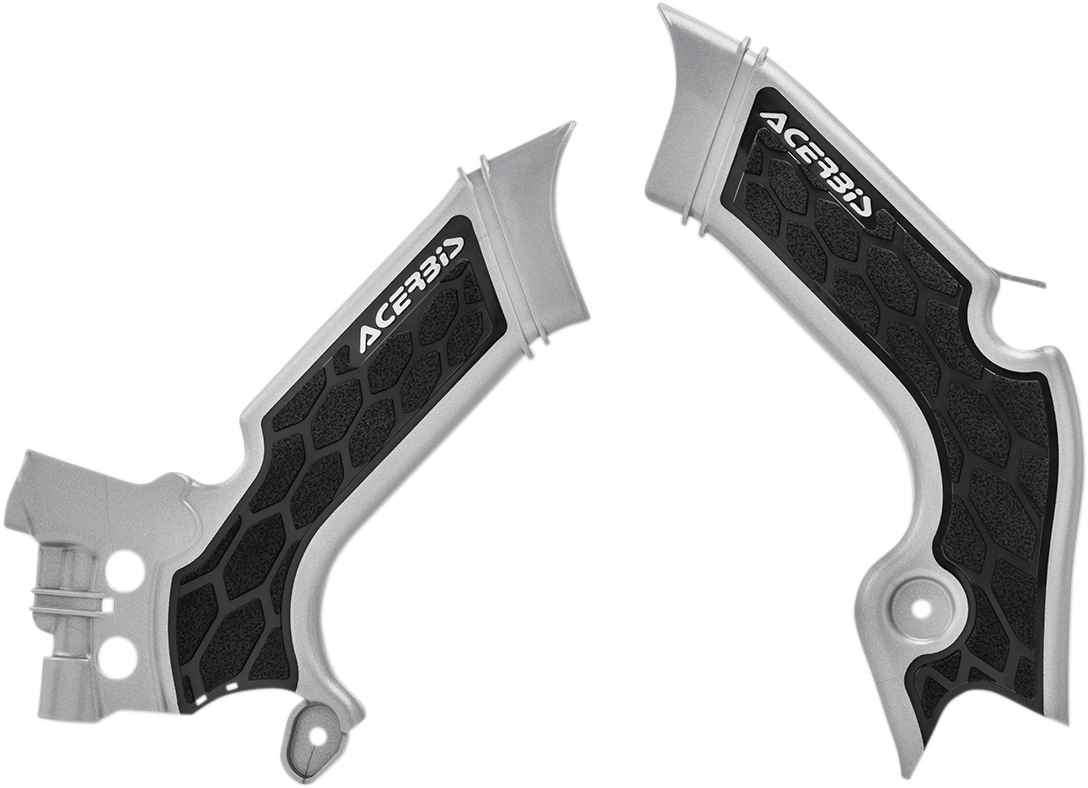 A set of Acerbis X-Grip frame guards in silver and black for motorcycle protection, shown on a body frame.