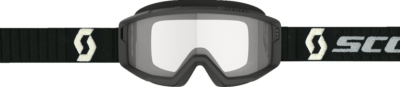 Scott Primal goggles in black and gray with clear lenses, designed for motorcycle or racing use, featuring a sleek aerodynamic style.