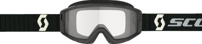 Scott Primal goggles in black and gray with clear lenses, designed for motorcycle or racing use, featuring a sleek aerodynamic style.