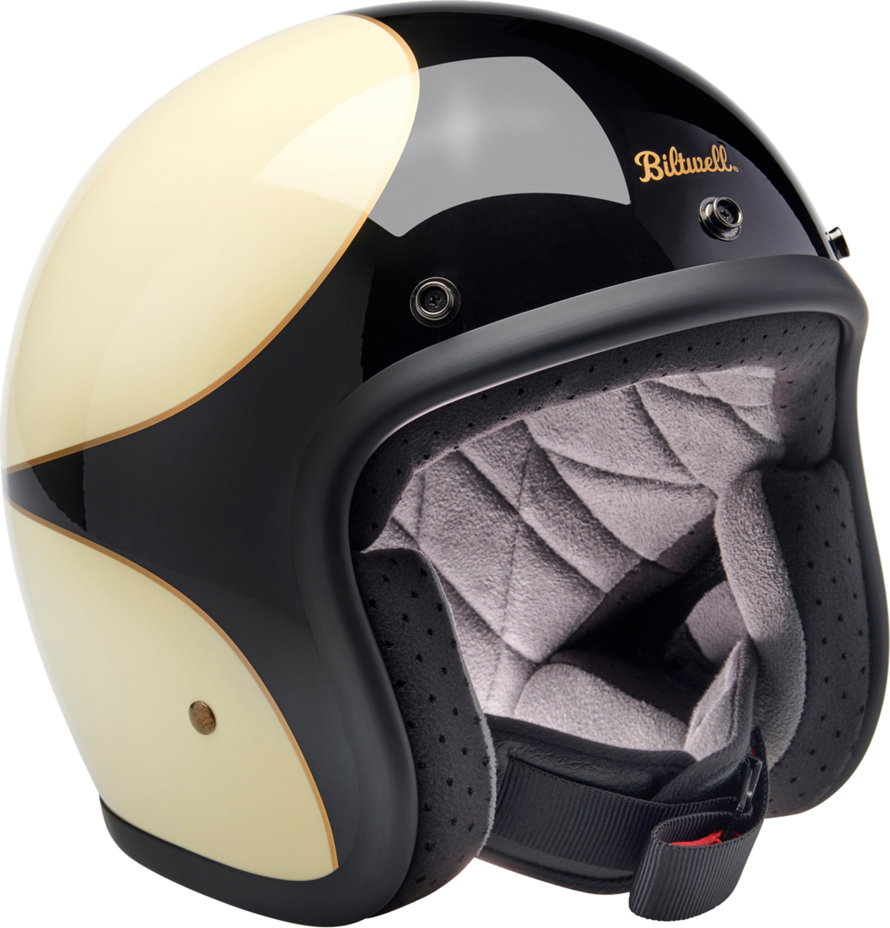 Bill's Exhausts BILTWELL Bonanza helmet in gloss vintage white and black scallop, size XS, shown from side view.