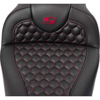 SADDLEMEN RoadSofa™ motorcycle seat with honeycomb design, red stitching, and backrest for FLH/FLT models 2008-2023.