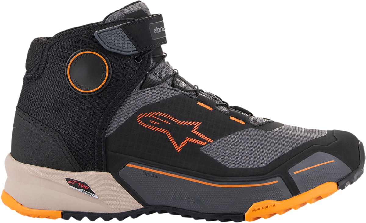 Alpinestars CR-X Drystar® riding shoes in black, brown, and orange with sturdy design and branding, US size 13.
