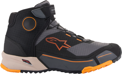 Alpinestars CR-X Drystar motorcycle shoes in black, brown, and orange with US 8.5 size, featuring protective design details.