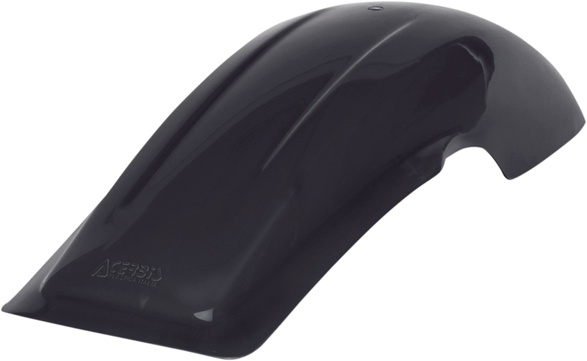 A black ACERBIS Nost rear fender mounted on a motorcycle, showcasing its durable plastic body and sleek design.